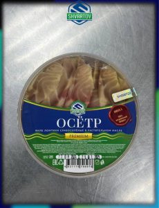 Пресервы из рыбы. Осётр филе ломтики слабосолёный в растительном масле. пл./б. 280 гр.