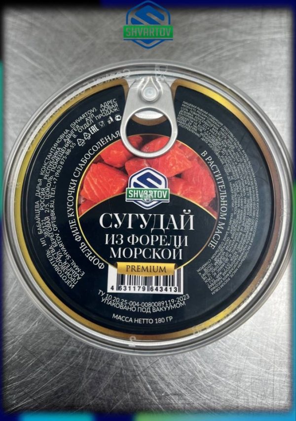 Пресервы из рыбы. Сугудай из форели морской, PP/б. 180 гр. Евроключ.