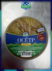Пресервы из рыбы. Осётр филе ломтики слабосолёный в растительном масле. пл./б. 280 гр.