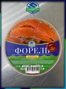 Пресервы из рыбы. Форель радужная морская филе ломтики слабосолёная в растительном масле, пл./б. 280 гр.