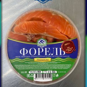Пресервы из рыбы. Форель радужная морская филе ломтики слабосолёная в растительном масле, пл./б. 280 гр.