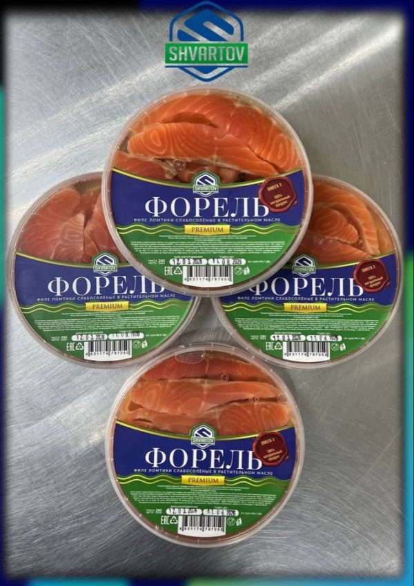 Пресервы из рыбы. Форель радужная морская филе ломтики слабосолёная в растительном масле, пл./б. 280 гр.