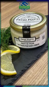 Паштет натуральный PRIMI PIATTI из трески с тигровой креветкой и лаймом, ст./б. 180 гр.