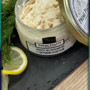 Паштет натуральный PRIMI PIATTI из кальмаров с тигровой креветкой, ст./б. 180 гр.