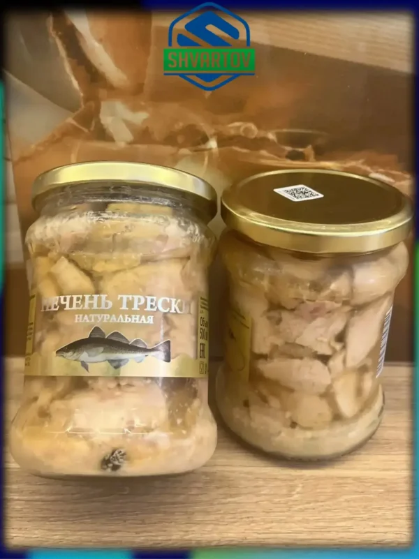 Печень трески атлантической куски в собственном соку. ст./б. 500 ml.