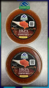 Фасованная икра лососёвая зернистая слабосолёная Горбуша охлаждённая, пл./банка 200 гр.